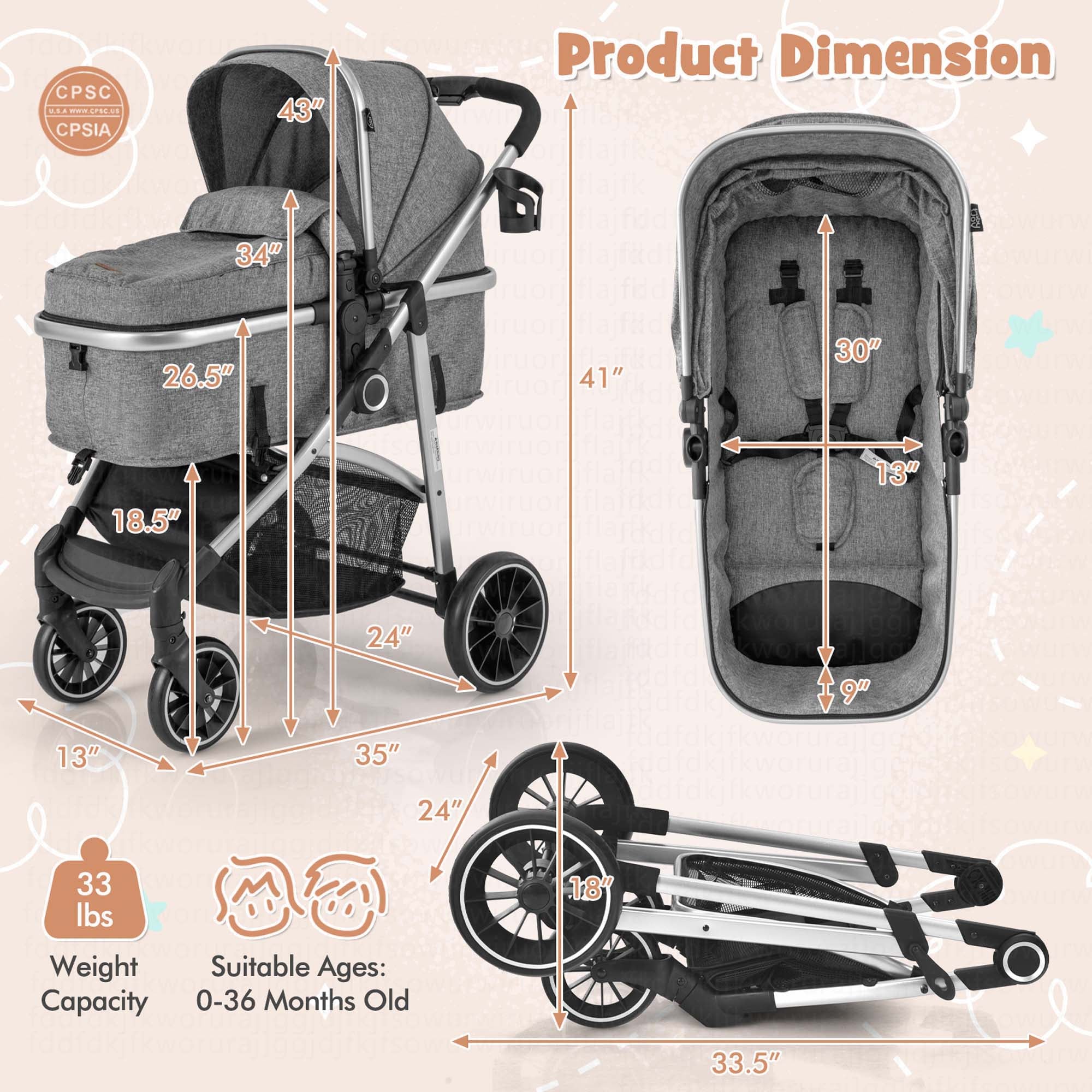 2 in 1 Convertible Baby Stroller High Landscape Infant Stroller Grey