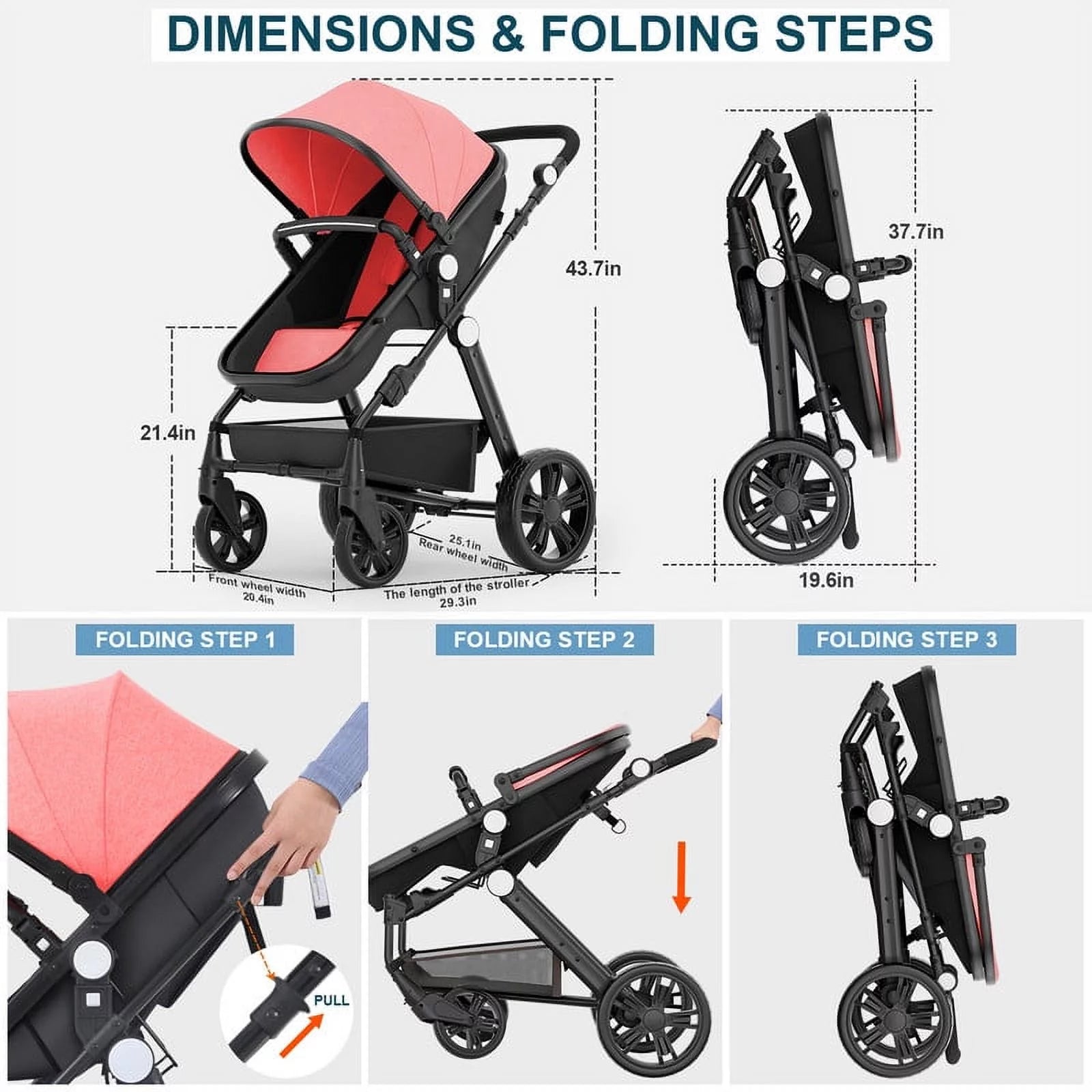 Foldable Baby Stroller for 0-36 Months Newborn Babies, Pink