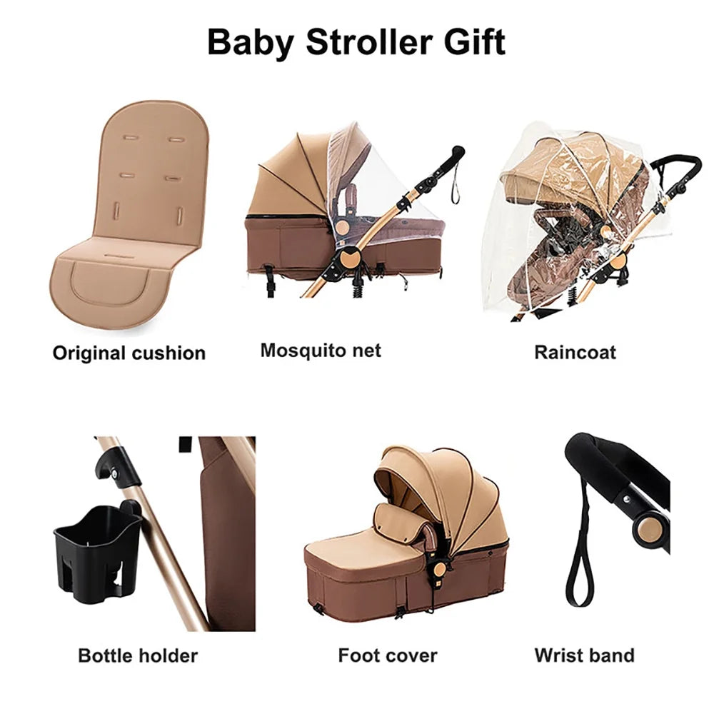 Newborn Baby Bassinet Stroller 3 in 1 High-View Convertible Stroller with Reversible Seat Anti-Shock Pushchair Strollers