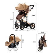 Newborn Baby Bassinet Stroller 3 in 1 High-View Convertible Stroller with Reversible Seat Anti-Shock Pushchair Strollers