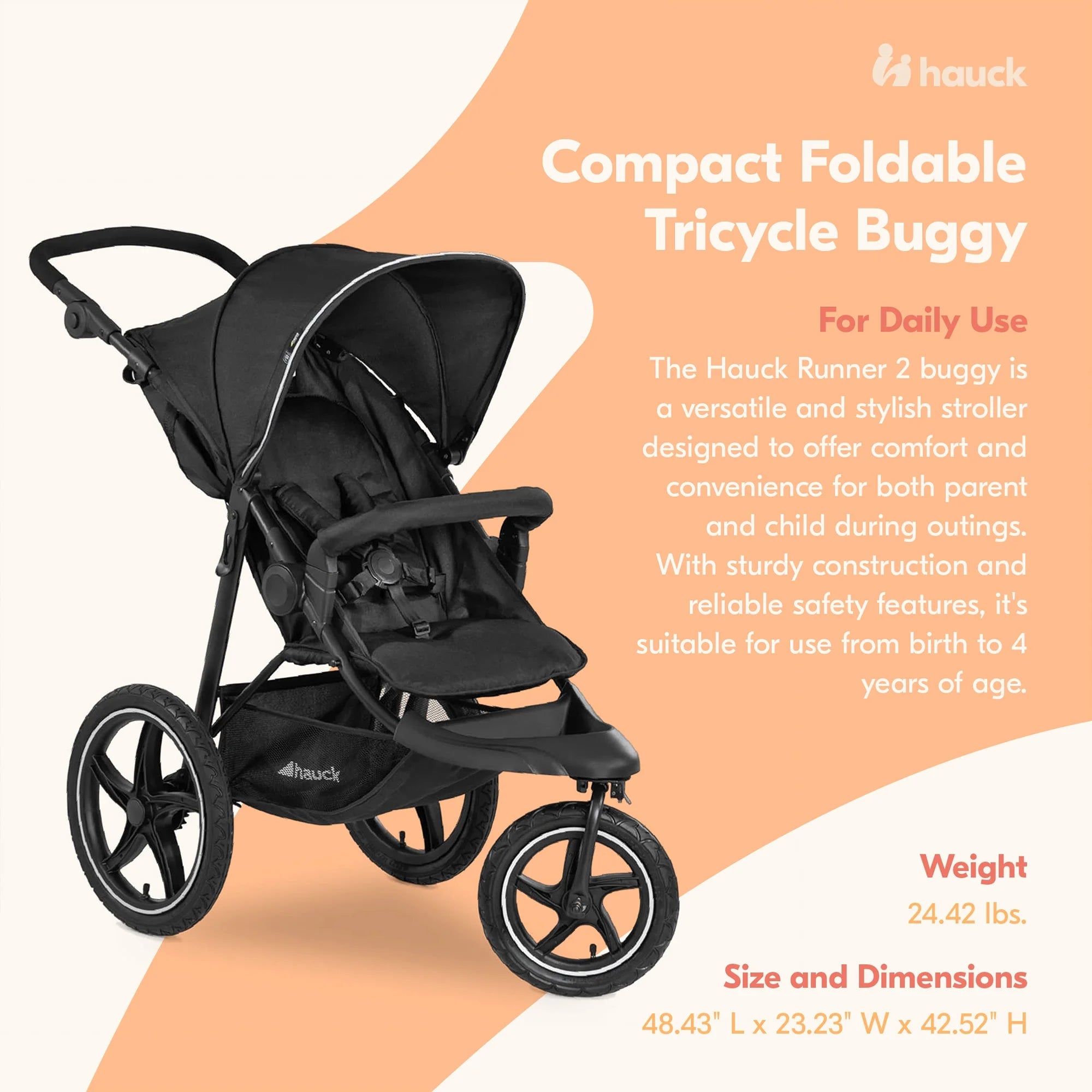 Runner 2 Compact Foldable Tricycle Jogger Stroller Pushchair, Black