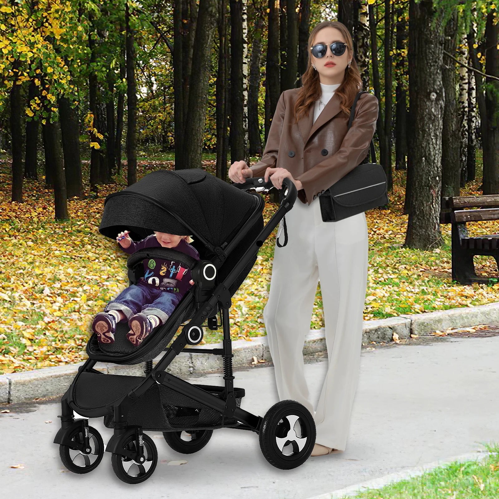 2 in 1 Convertible Baby Stroller, Unisex Folding Infant Newborn Bassinet Pram, Black