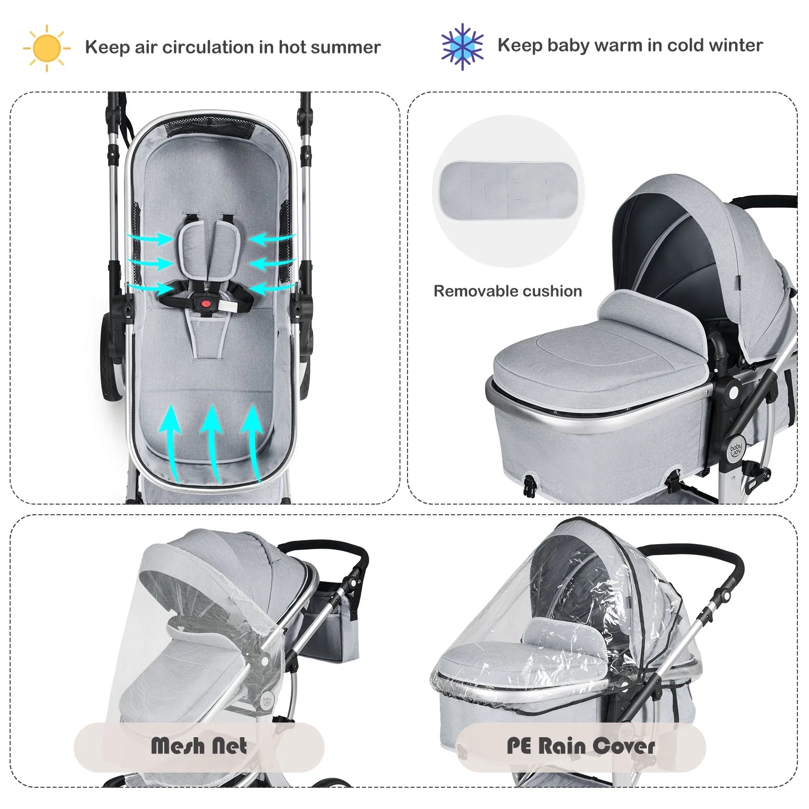 Babyjoy High Landscape Stroller 2-In-1 Foldable for Infant with Reversible Seat Grey