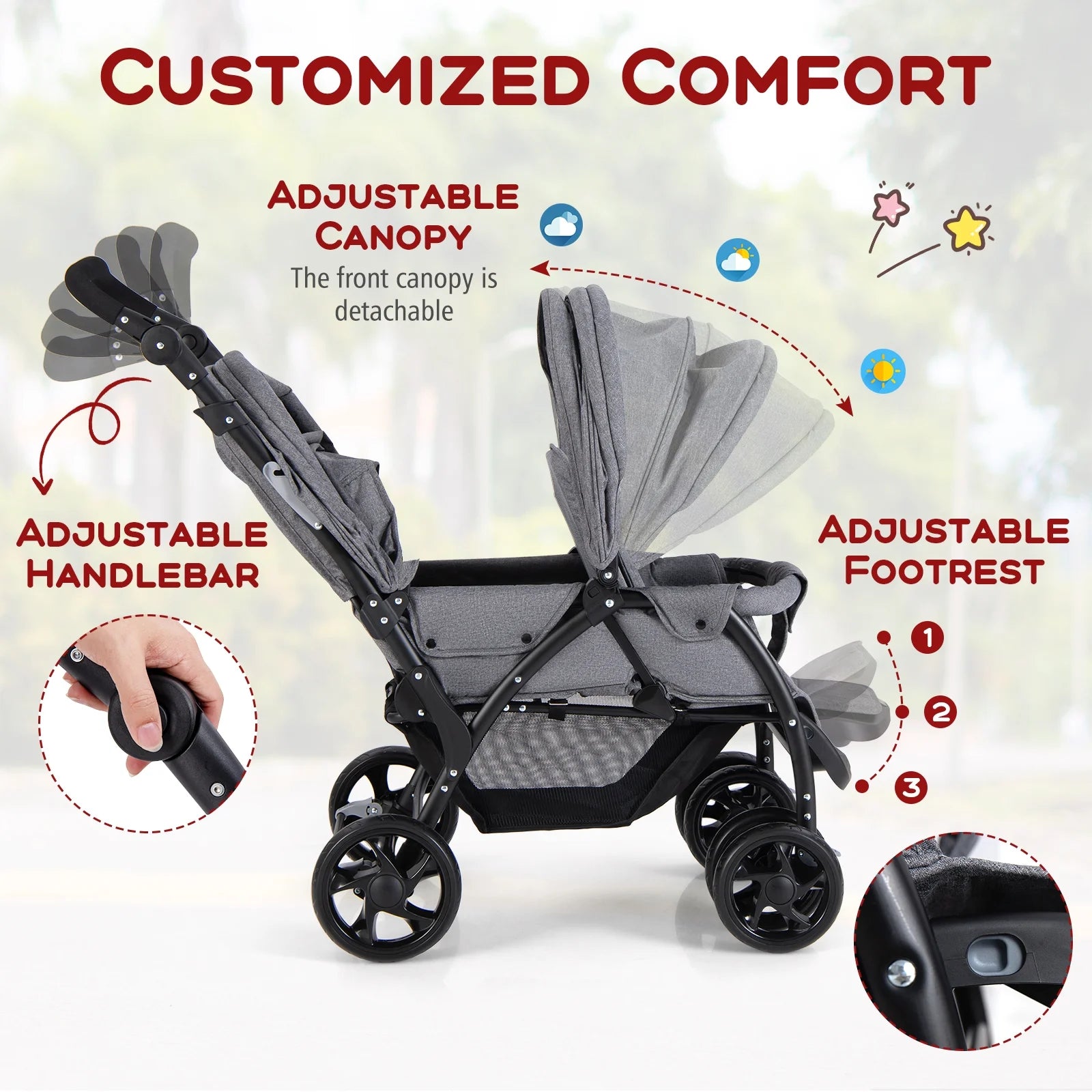 Double Stroller Foldable Baby Twin Lightweight Travel Stroller Infant Pushchair Grey