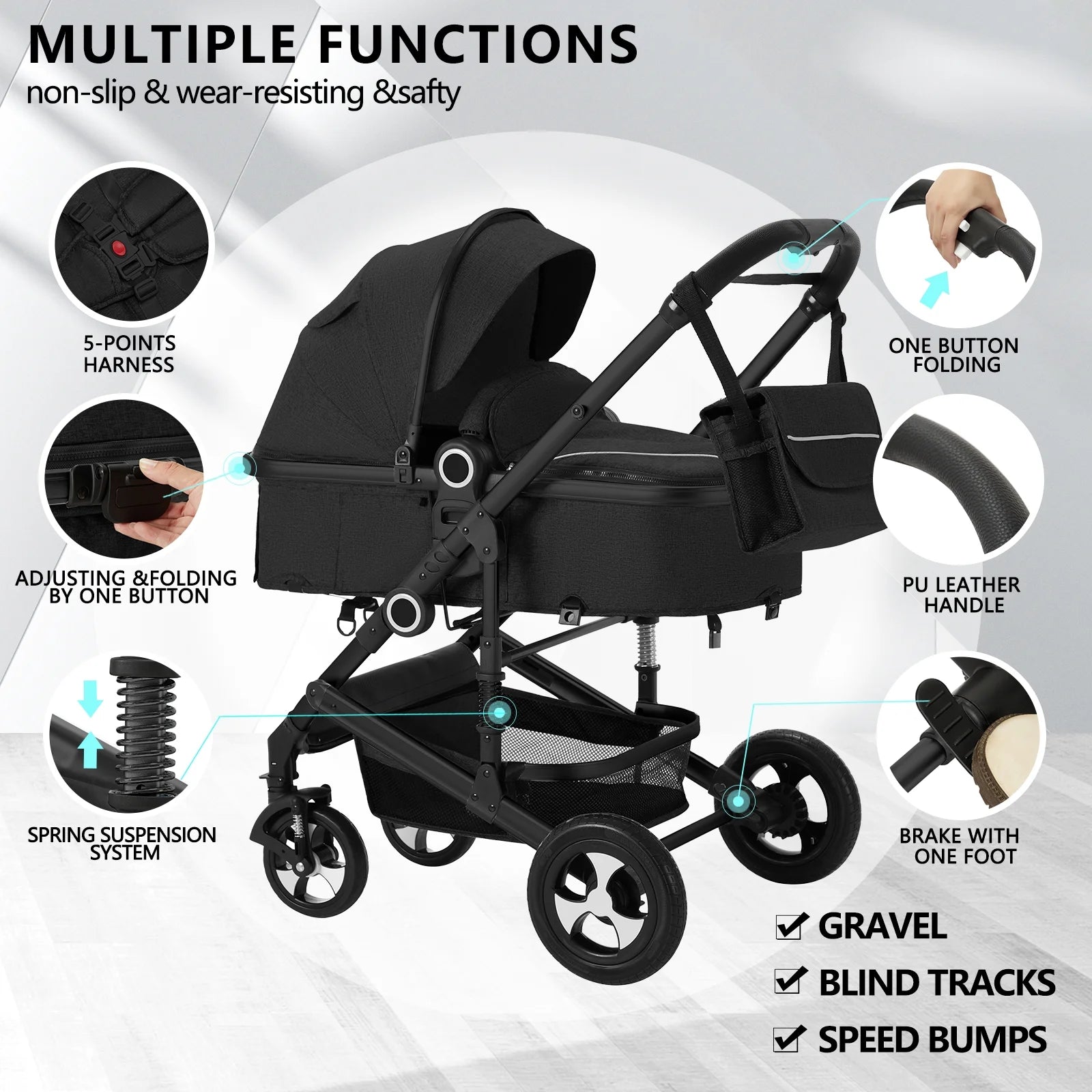 2 in 1 Convertible Baby Stroller, Unisex Folding Infant Newborn Bassinet Pram, Black