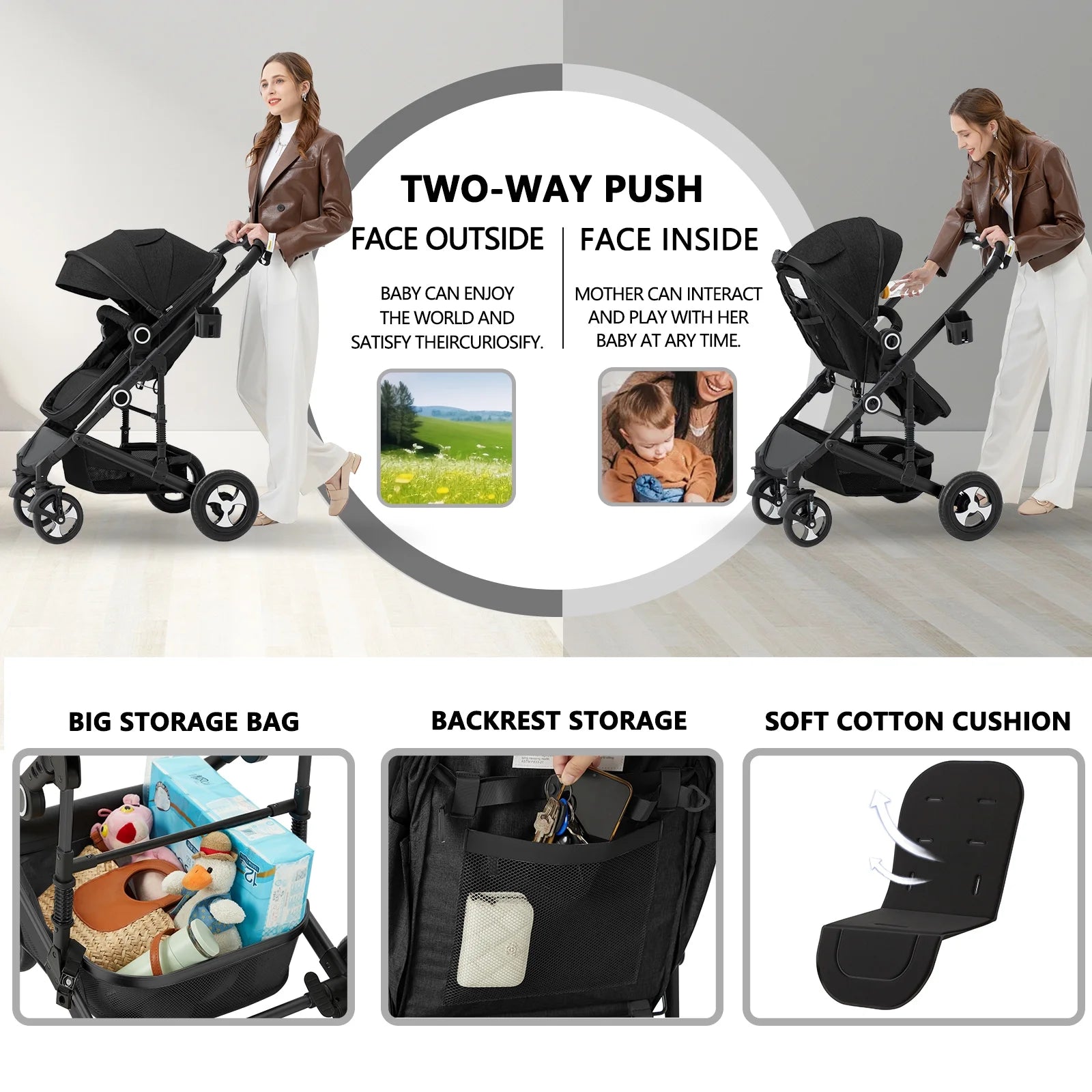 2 in 1 Convertible Baby Stroller, Unisex Folding Infant Newborn Bassinet Pram, Black