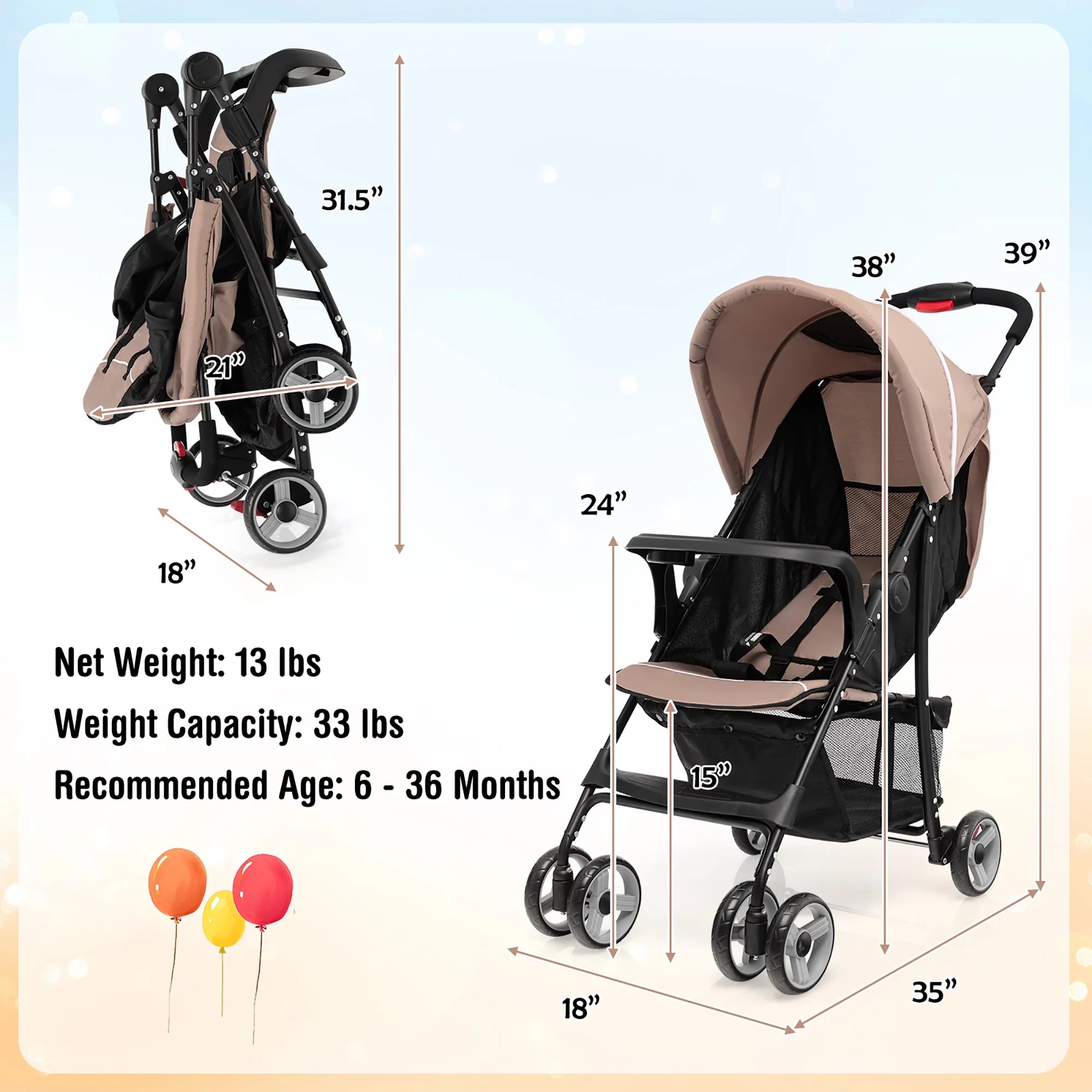 Foldable Lightweight Baby Stroller Kids Travel Pushchair 5-Point Safety System Coffee