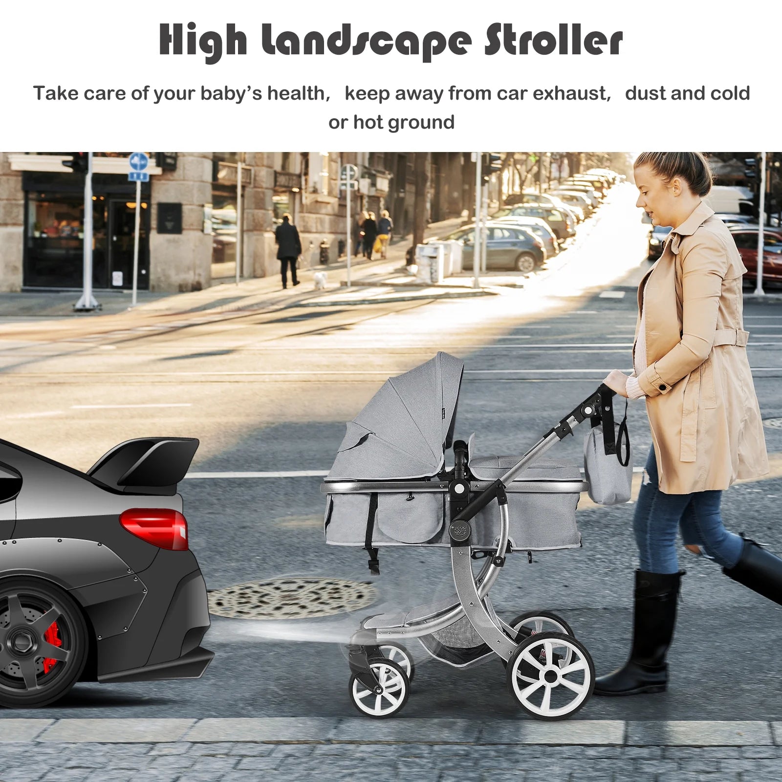 Babyjoy High Landscape Stroller 2-In-1 Foldable for Infant with Reversible Seat Grey