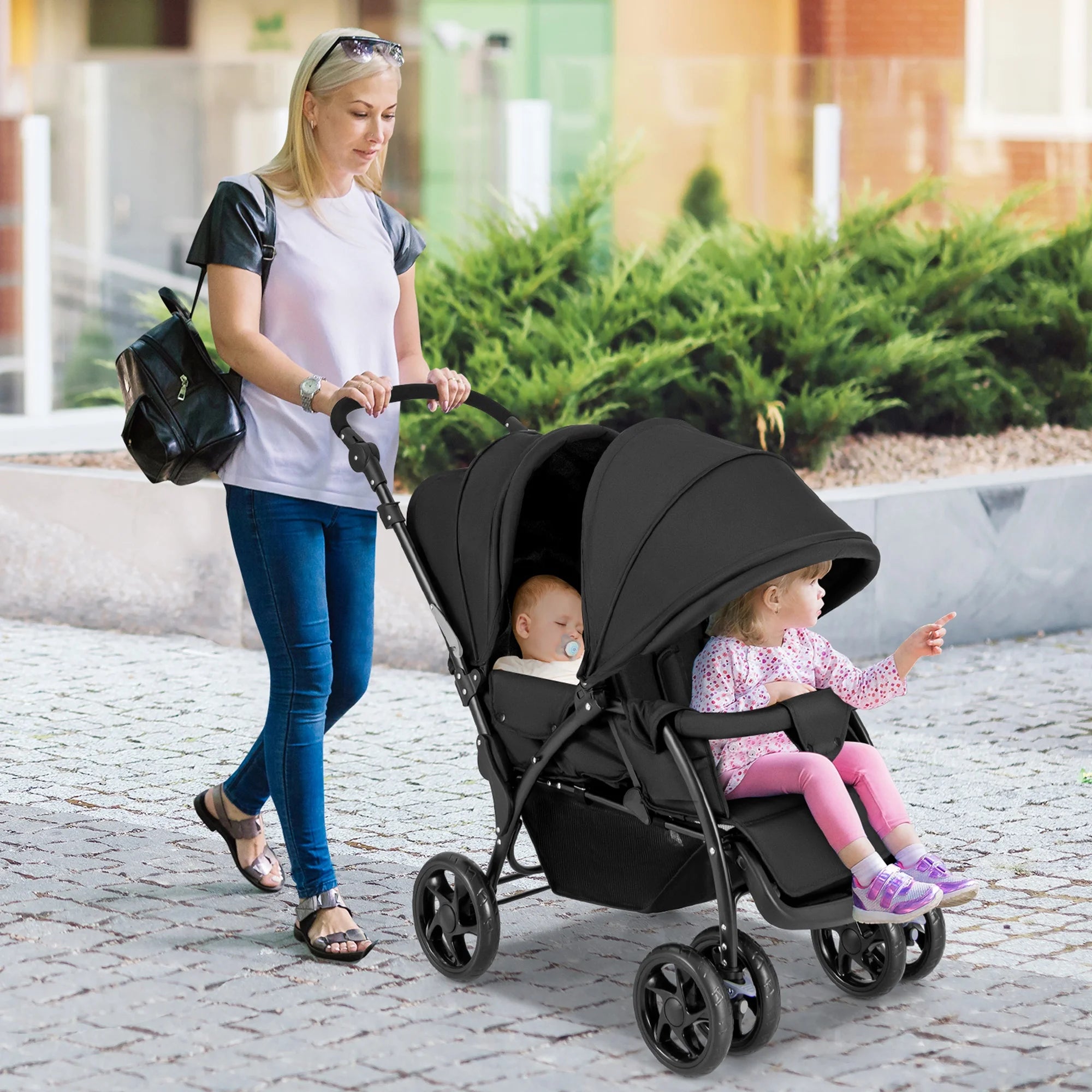 Double Stroller Foldable Baby Twin Lightweight Travel Stroller Infant Pushchair Black