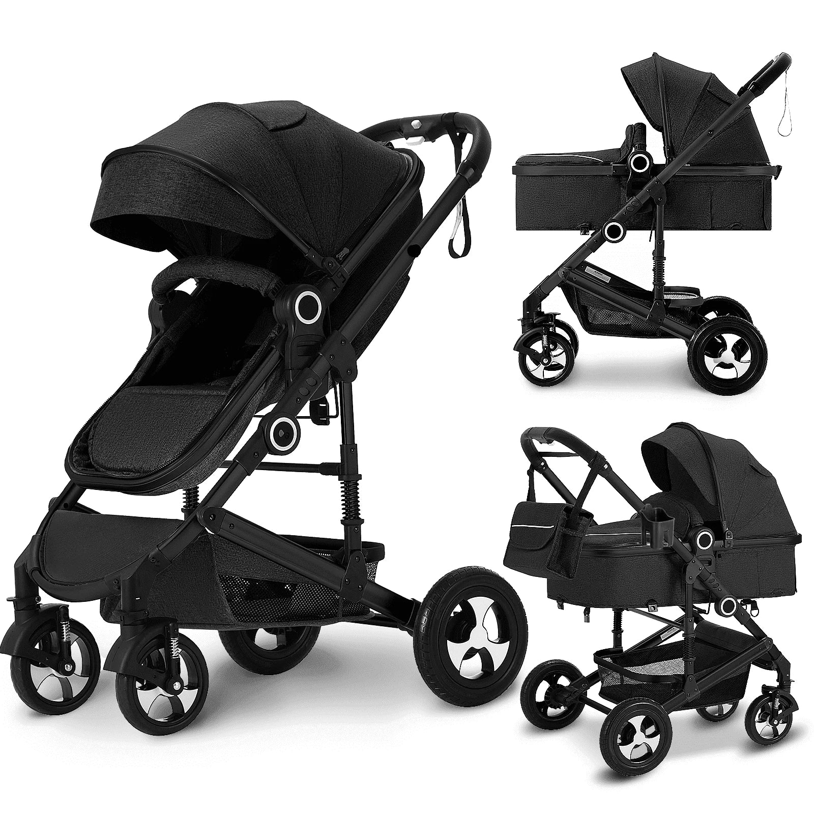 2 in 1 Convertible Baby Stroller, Unisex Folding Infant Newborn Bassinet Pram, Black