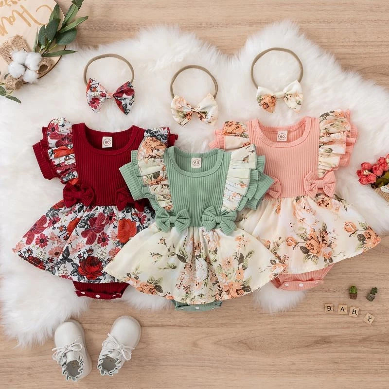 Summer Baby Girl Dress With Bowknot Striped Jumpsuit