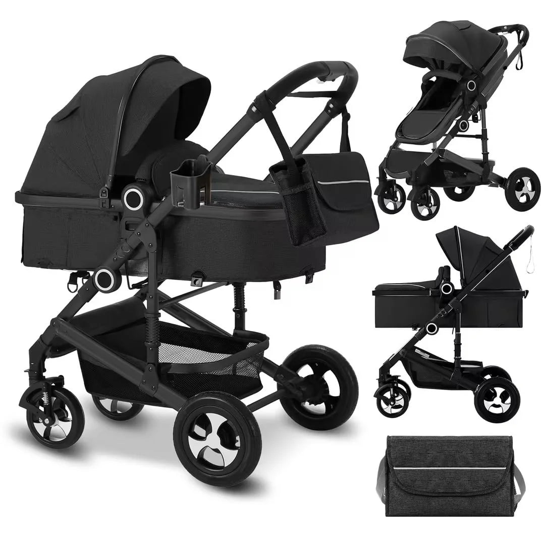 2 in 1 Convertible Baby Stroller, Unisex Folding Infant Newborn Bassinet Pram, Black