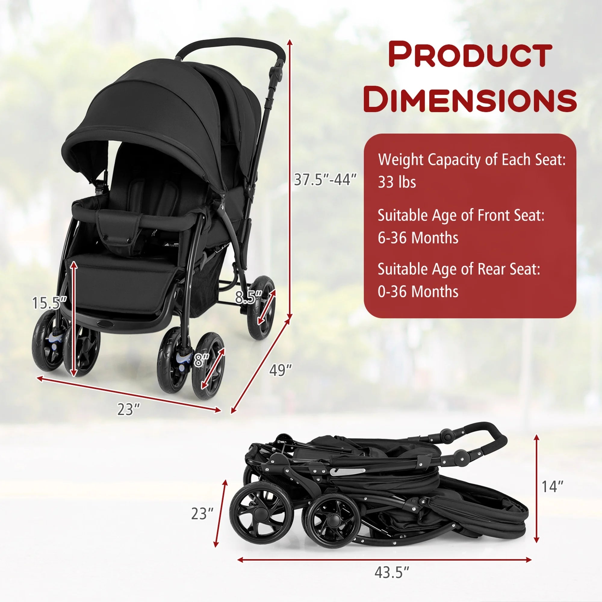 Double Stroller Foldable Baby Twin Lightweight Travel Stroller Infant Pushchair Black