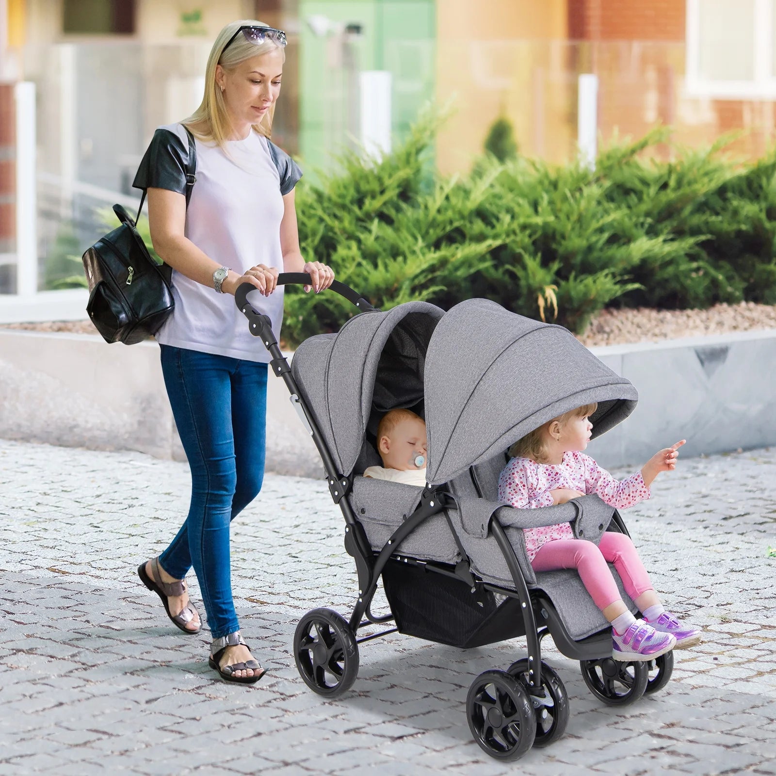 Double Stroller Foldable Baby Twin Lightweight Travel Stroller Infant Pushchair Grey