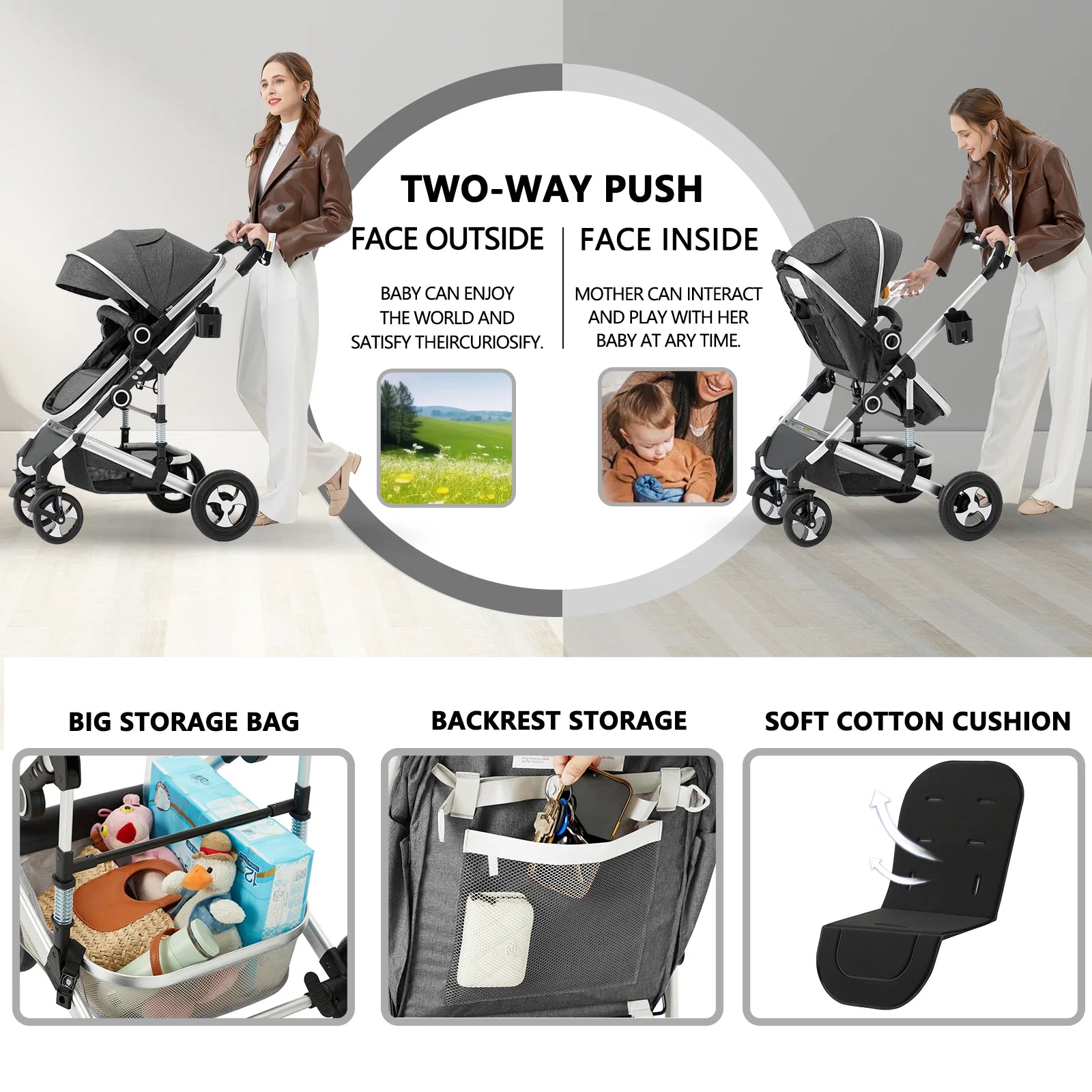 2 in 1 Convertible Baby Stroller, Unisex Folding Infant Newborn Bassinet Pram, Dark Grey