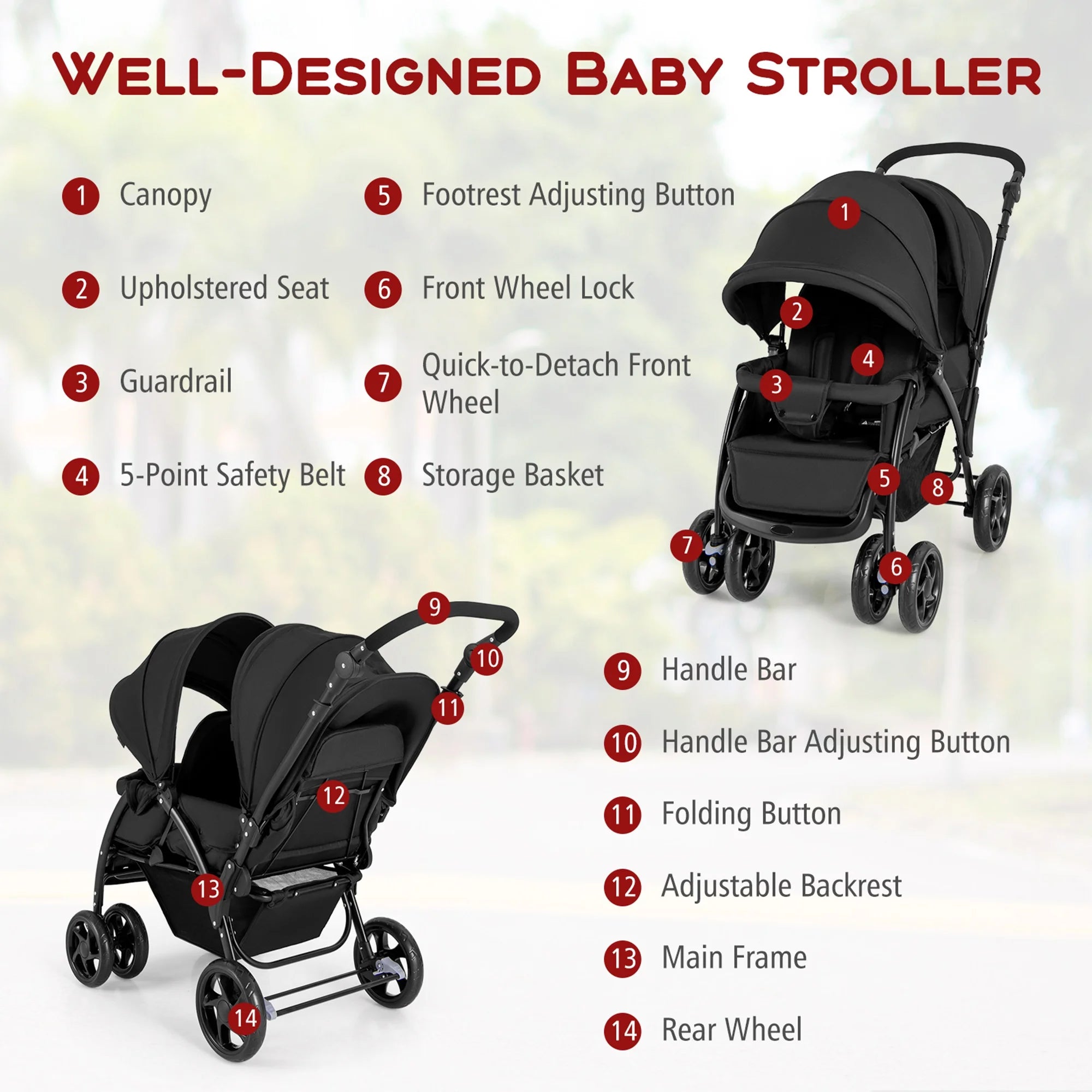 Double Stroller Foldable Baby Twin Lightweight Travel Stroller Infant Pushchair Black