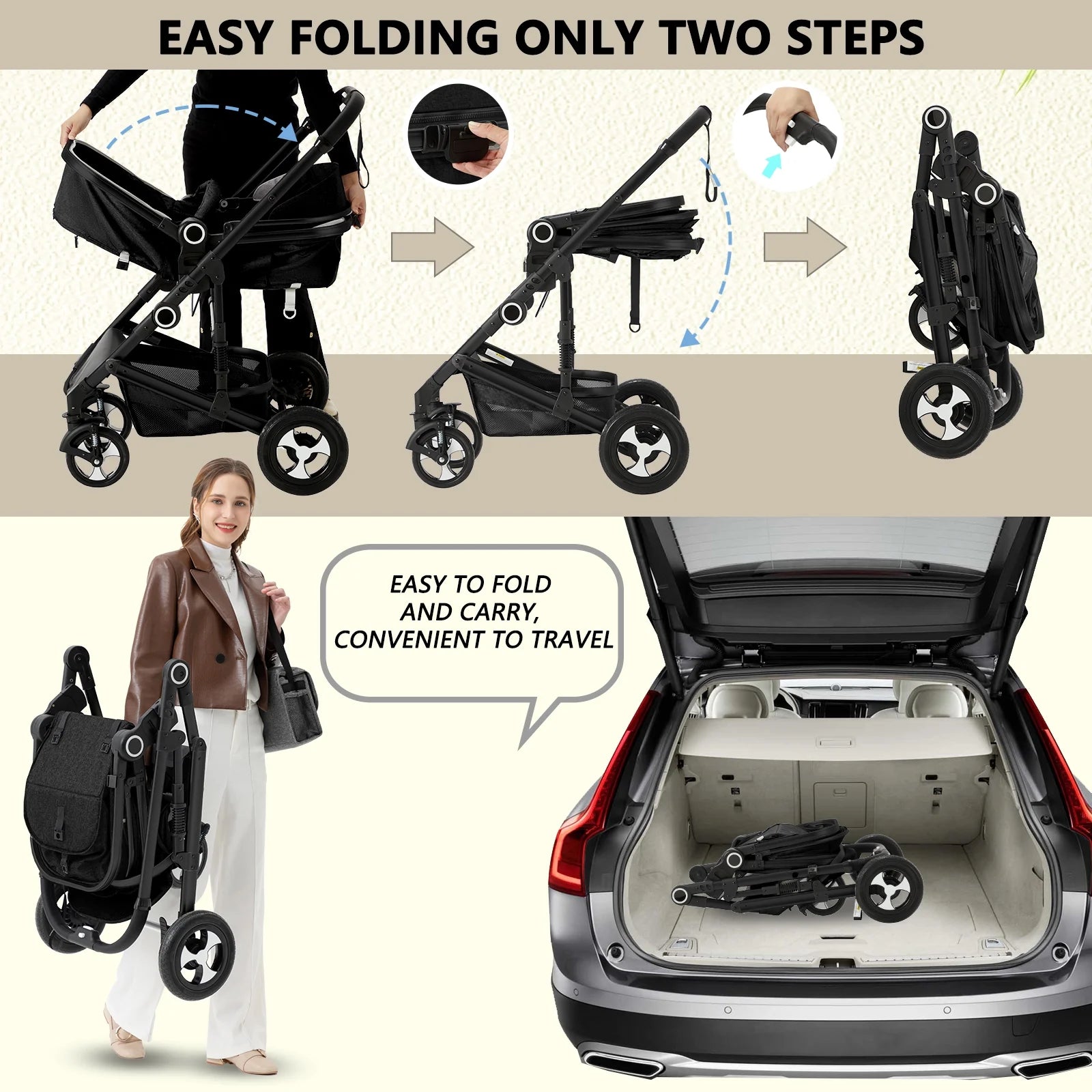 2 in 1 Convertible Baby Stroller, Unisex Folding Infant Newborn Bassinet Pram, Black