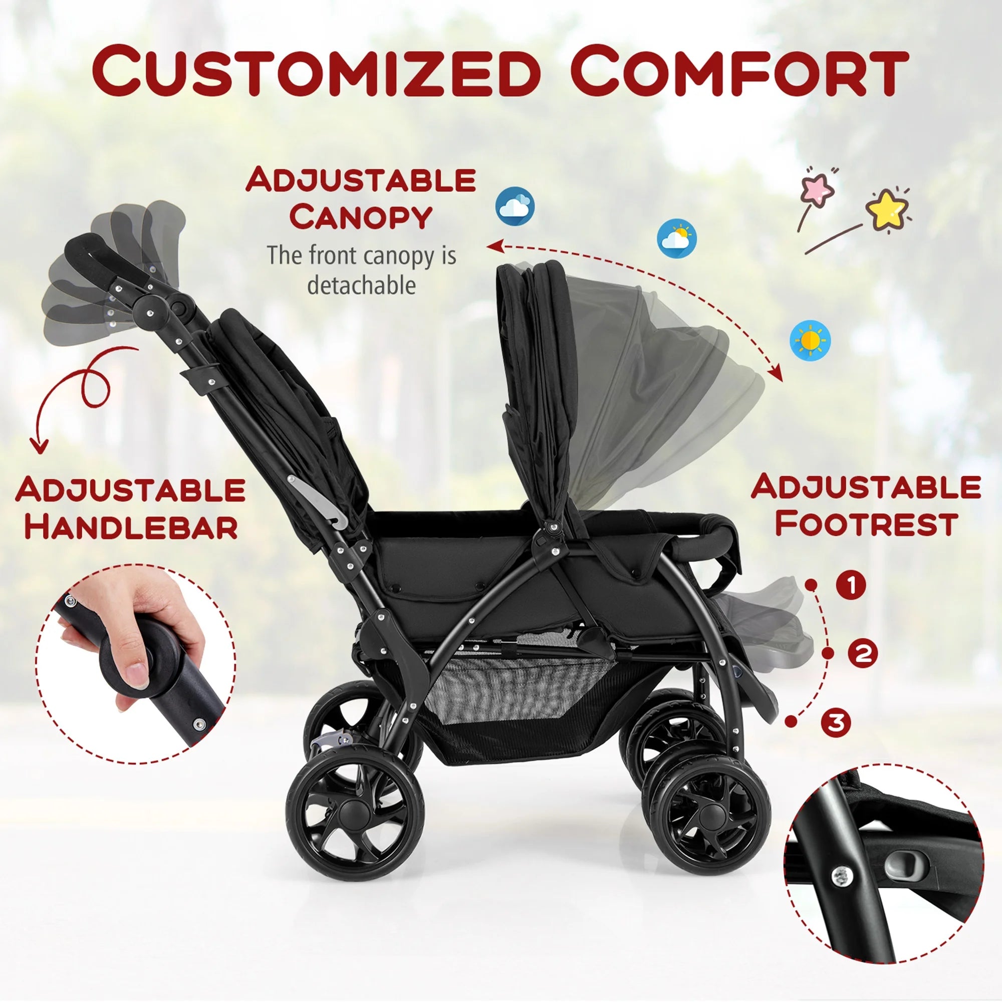 Double Stroller Foldable Baby Twin Lightweight Travel Stroller Infant Pushchair Black