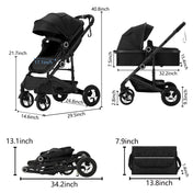 2 in 1 Convertible Baby Stroller, Unisex Folding Infant Newborn Bassinet Pram, Black