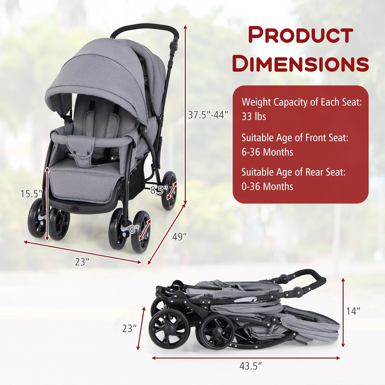 Double Stroller Foldable Baby Twin Lightweight Travel Stroller Infant Pushchair Grey